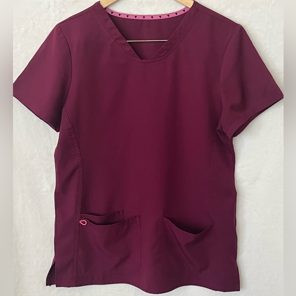 Women’s V-Neck Medical Scrub Top & Pants Set in Burgundy & Pink